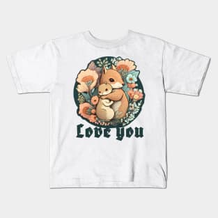 Mother and Baby Squirrel Embracing in Flowers Garden Love you Kids T-Shirt